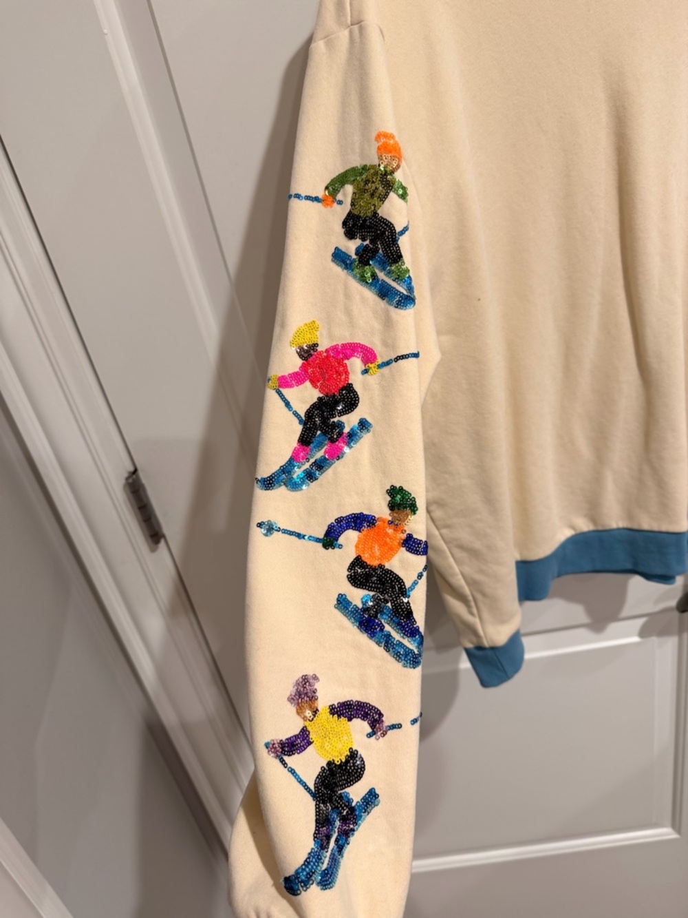 Queen of Sparkles Cream Colorblock Crewneck Sweatshirt with sequin skiers - Picture 2 of 2